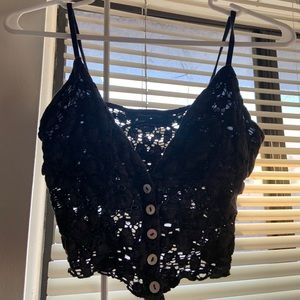 Dark Gray Lace Button Crop Top